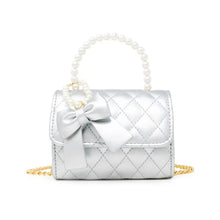 Load image into Gallery viewer, Quilted Pearl Handle Bow Ribbon Handbag Silver