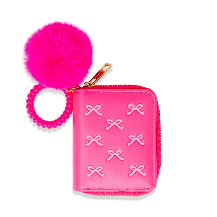 3D Bow Pom Pom Zip Wallet Hot Pink
