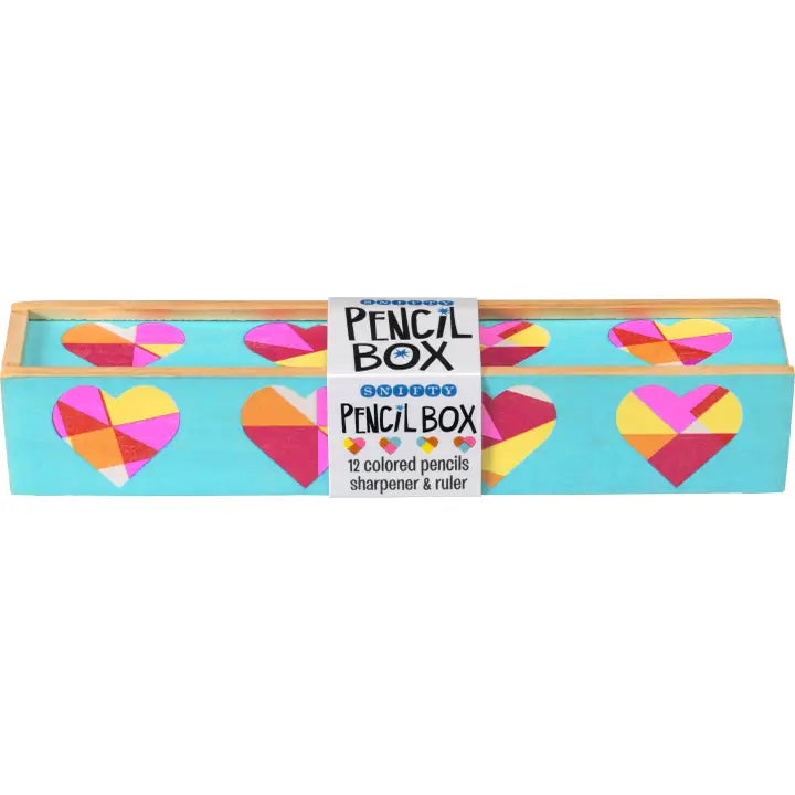 Quilted Heart Wooden Pencil Box & Colored Pencils