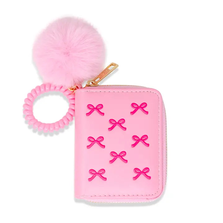 3D Bow Pom Pom Zip Wallet Light Pink